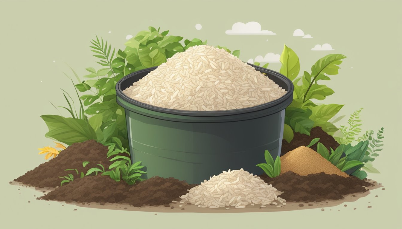 A pile of organic waste, including undercooked rice, sits in a compost bin surrounded by soil and greenery