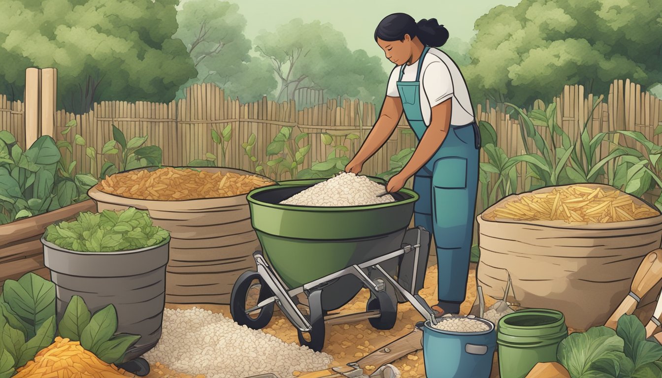 A person adding undercooked rice to a compost pile surrounded by garden tools and organic waste