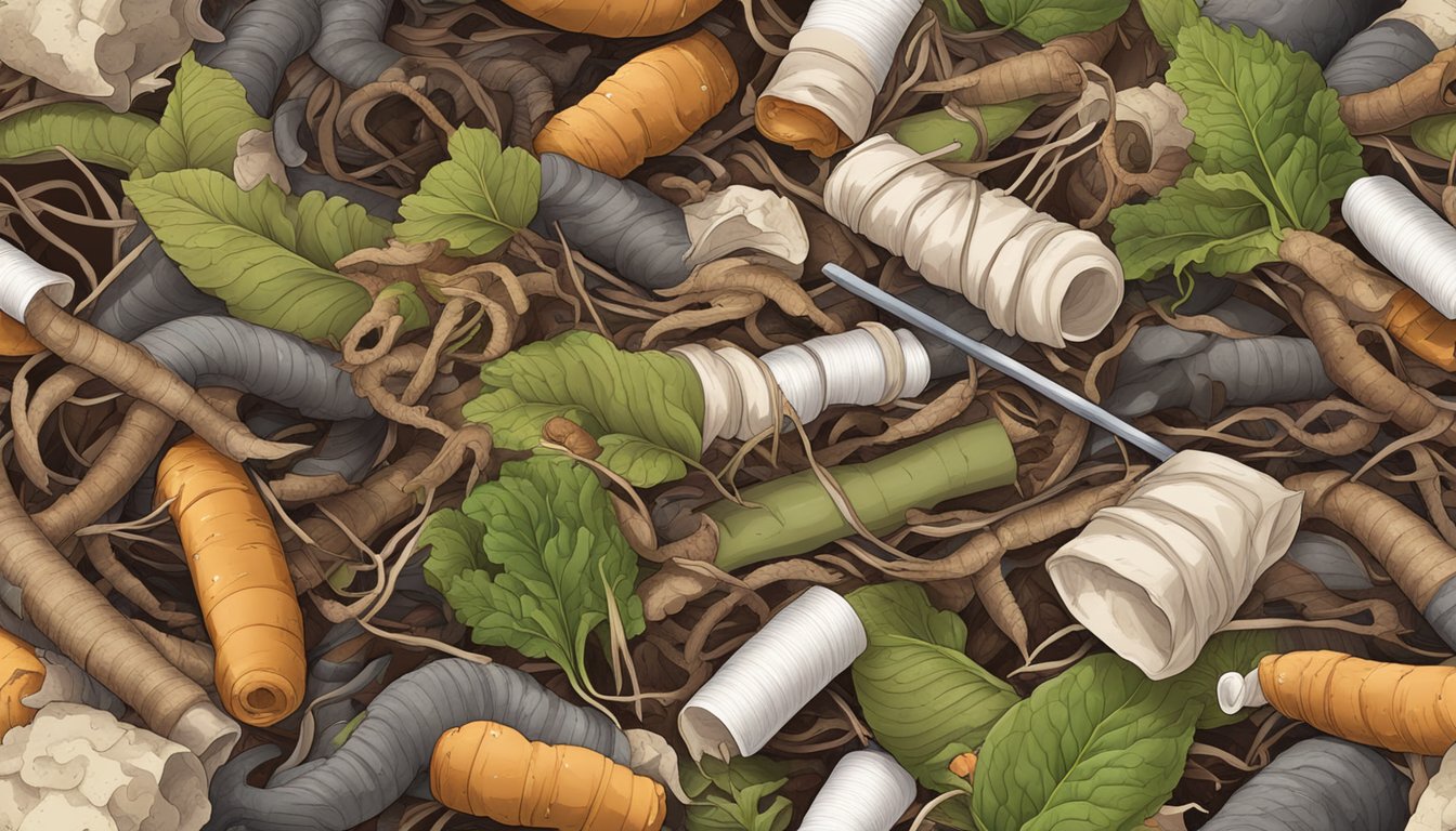 A pile of organic waste, including used bandages, surrounded by decomposing materials and earthworms