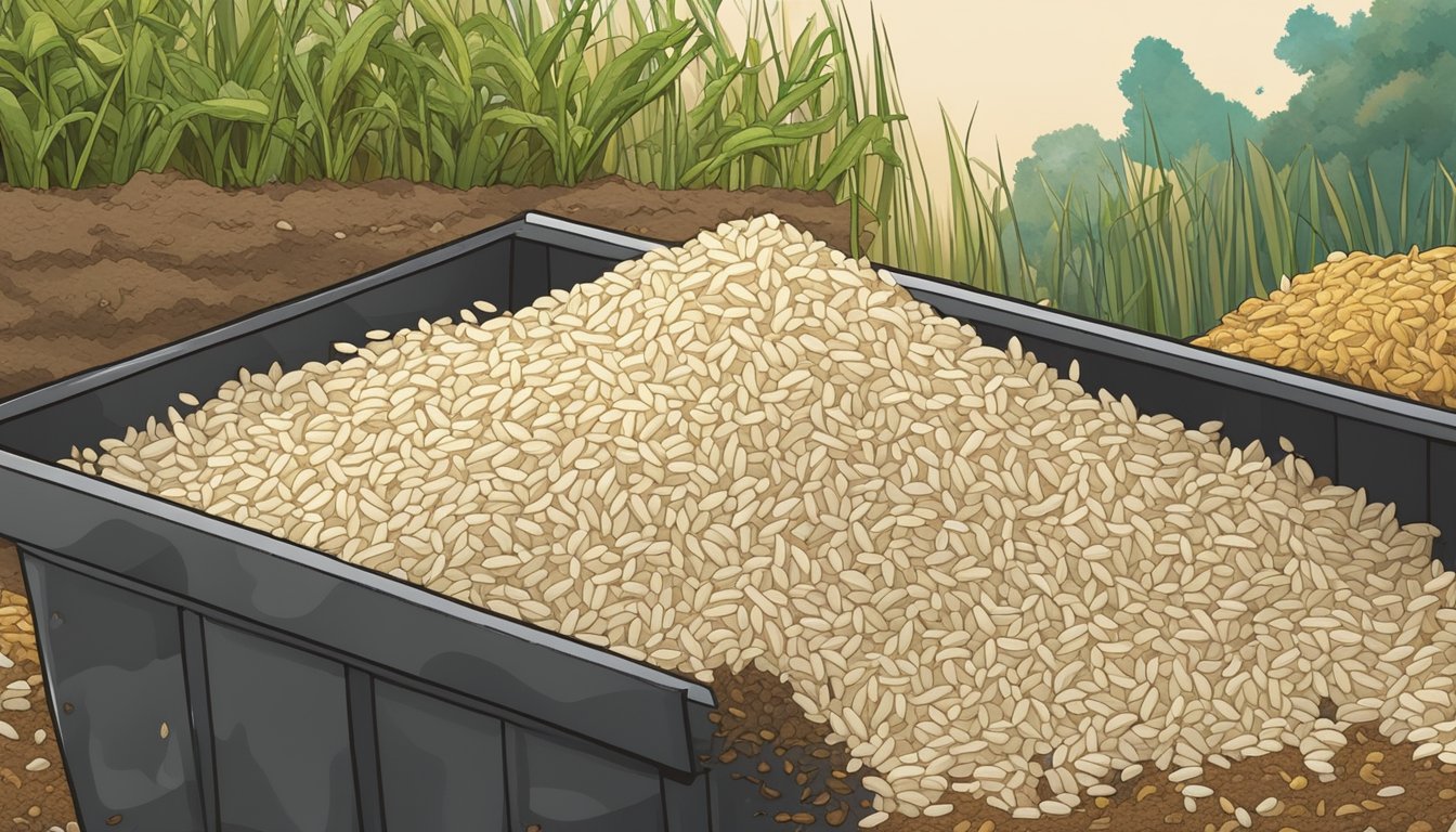 A pile of undercooked rice sits in a compost bin, surrounded by organic waste and soil. Microorganisms break down the rice, optimizing decomposition