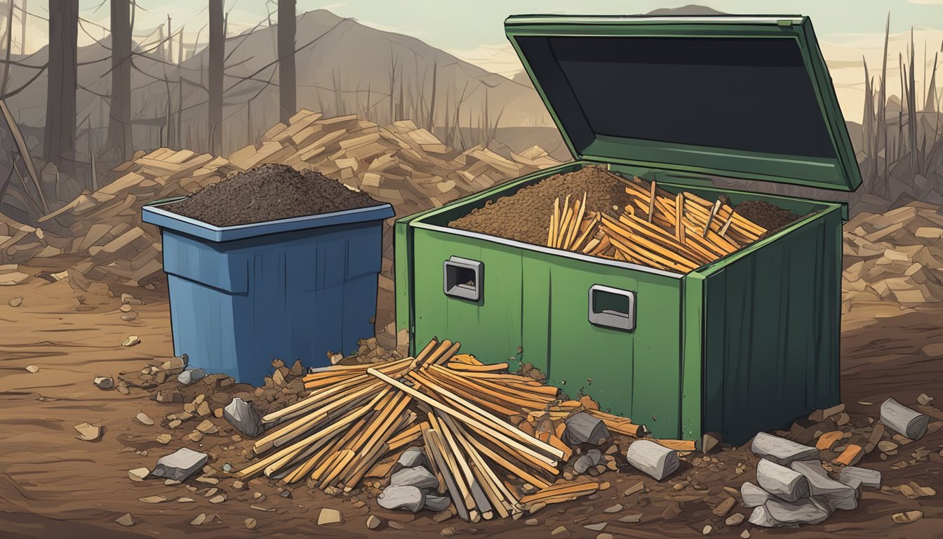 A pile of used matches and a compost bin surrounded by organic waste and decaying materials