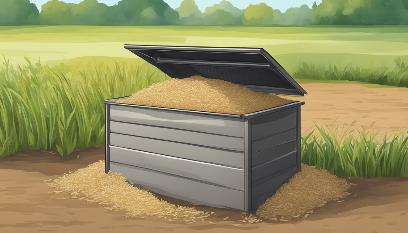 A compost bin with a mixture of undercooked rice, vegetable scraps, and soil. A lid is securely closed to prevent pests