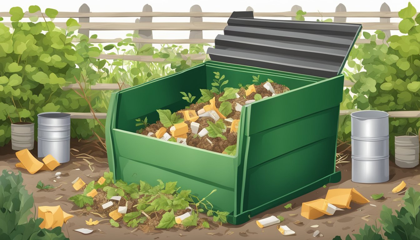 A compost bin filled with biodegradable bandages surrounded by organic waste and garden debris