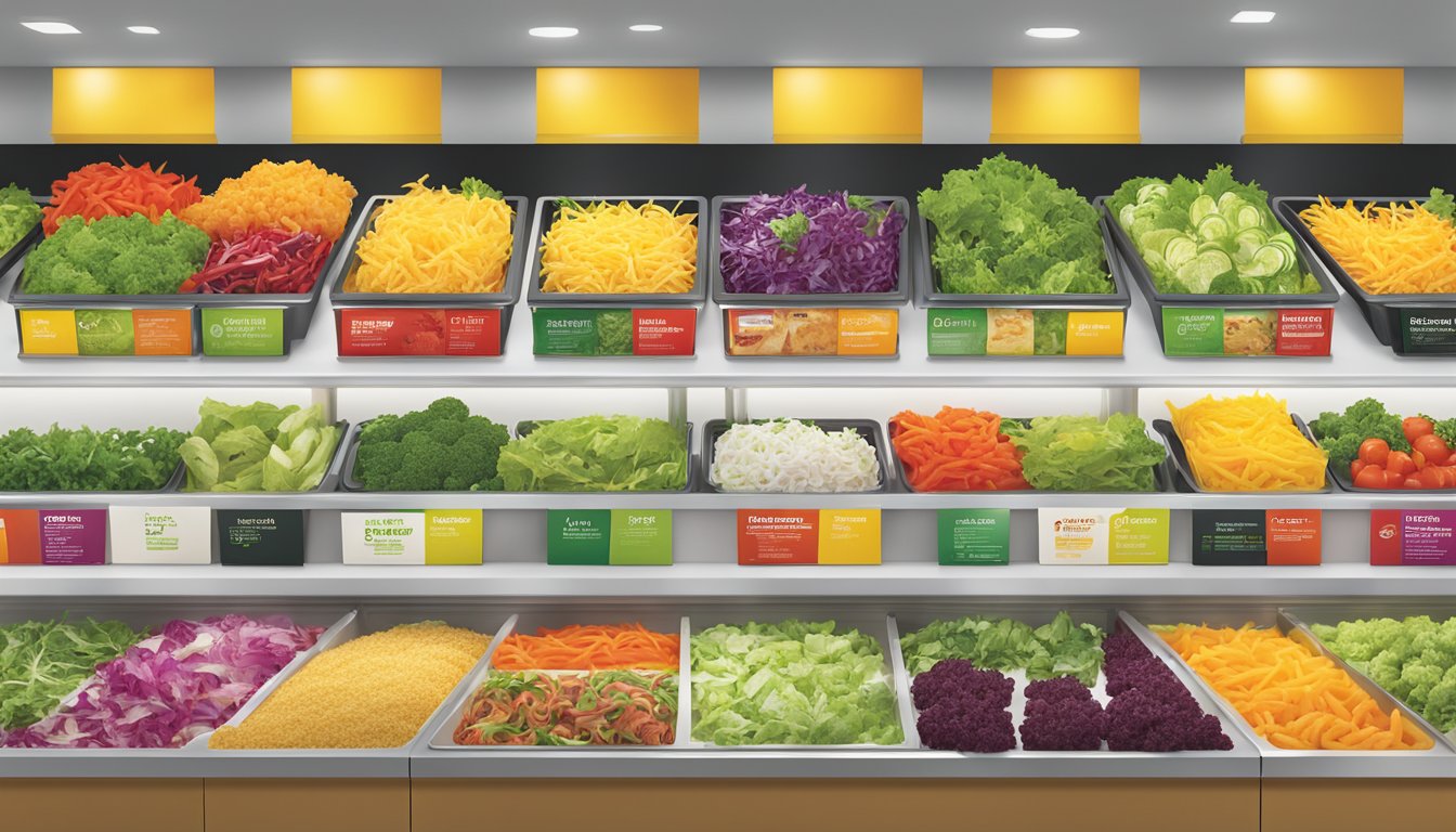 A vibrant array of fresh, colorful salads and nutrient-packed sides displayed on a clean, modern serving counter at McDonald's