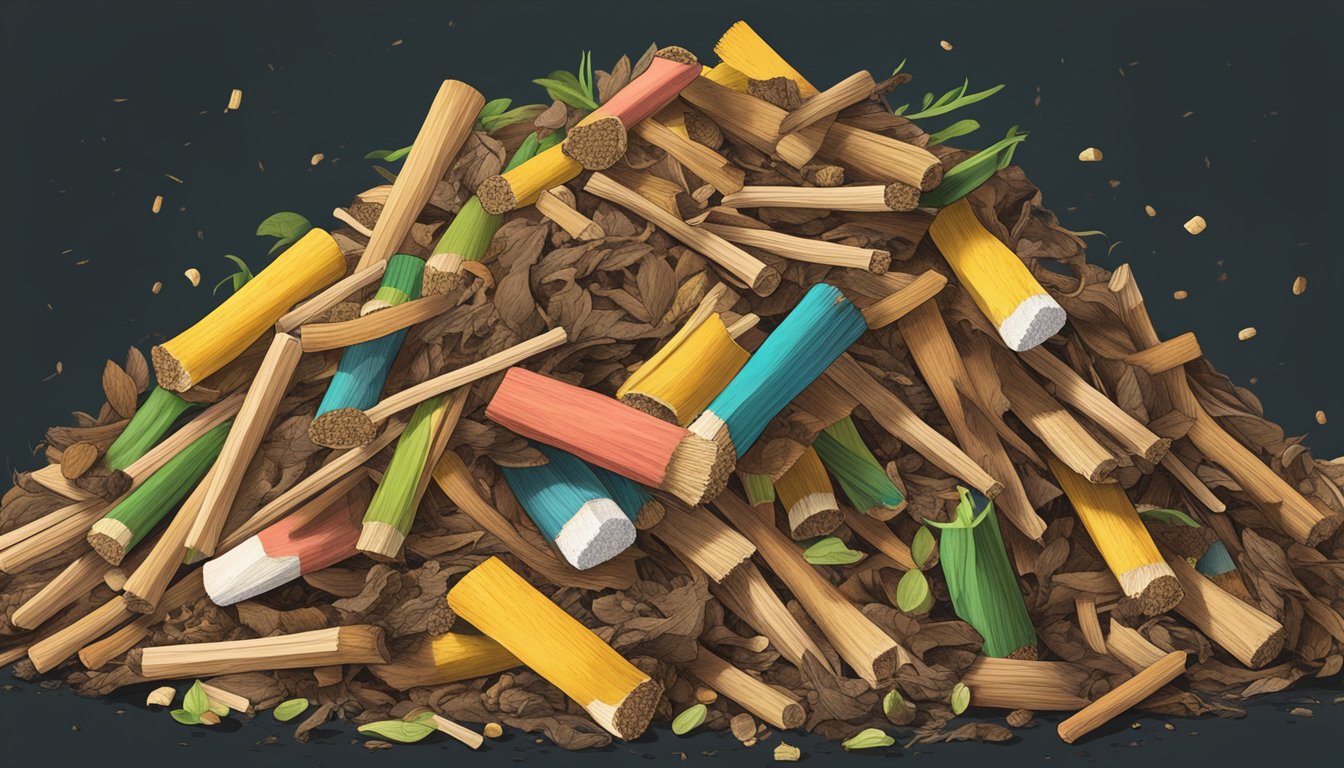 A pile of used matches mixed with organic waste in a compost bin