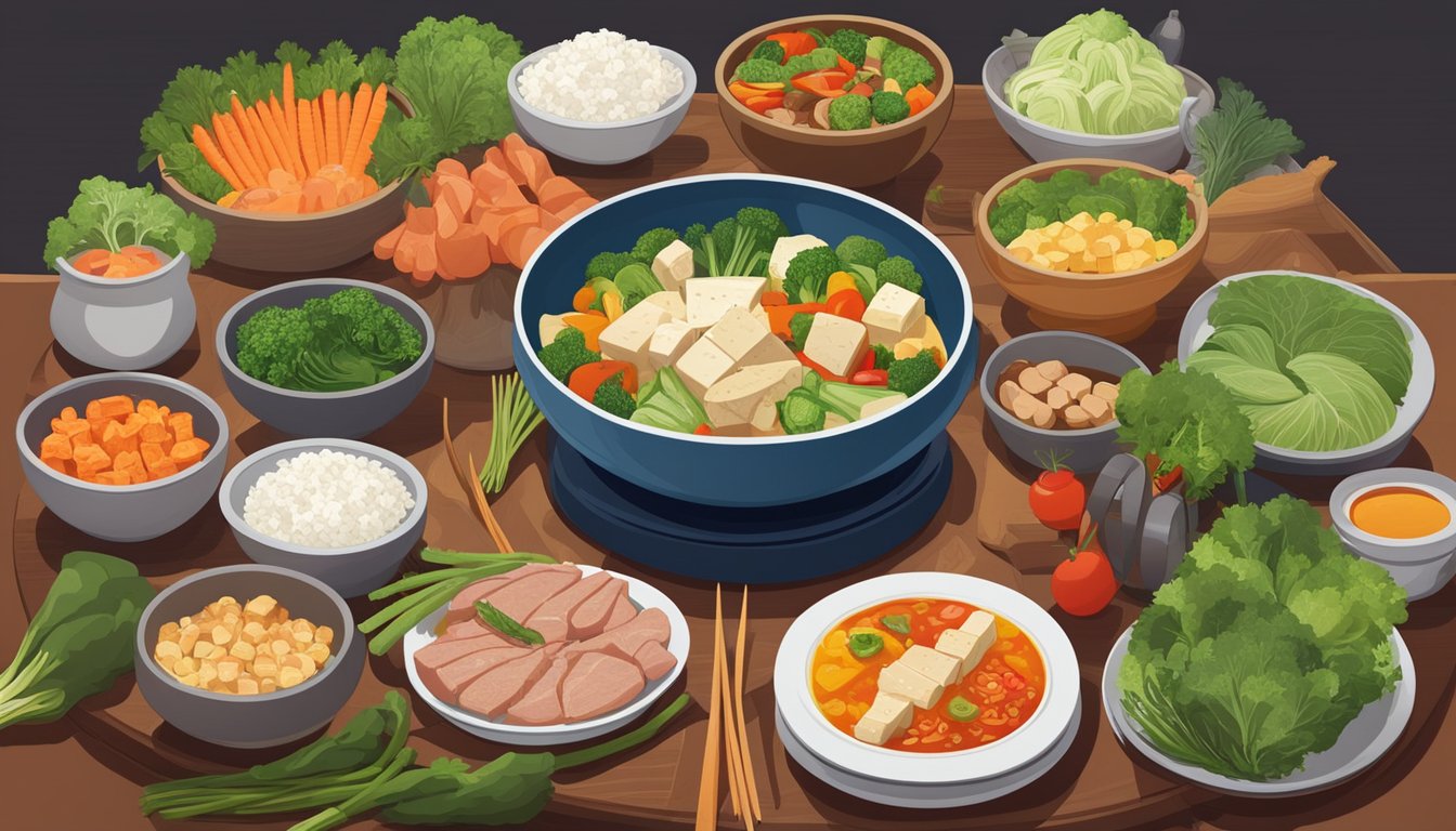 A colorful array of fresh vegetables, tofu, and lean meats arranged on a traditional Chinese dining table. A steaming bowl of nutrient-rich broth sits at the center