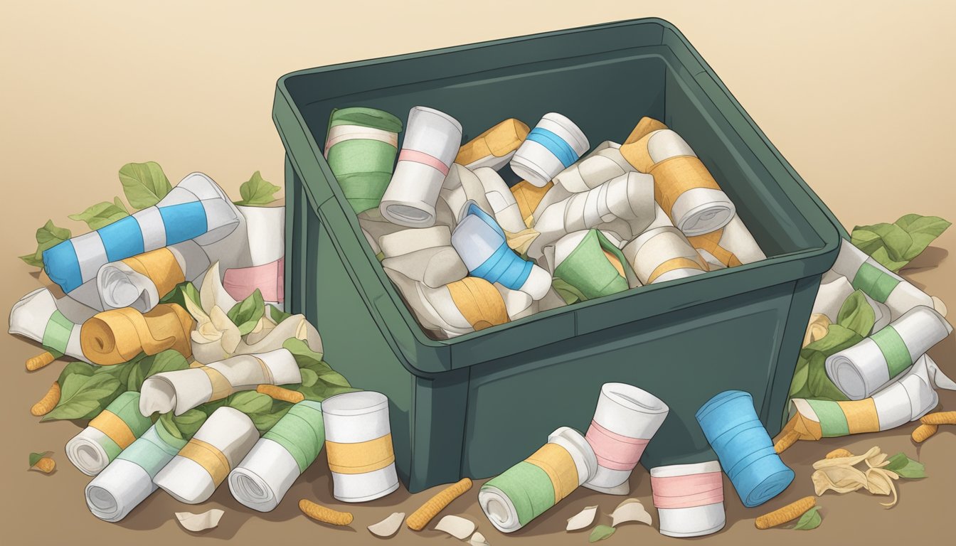 A pile of used traditional bandages sits in a compost bin, surrounded by food scraps and other biodegradable waste