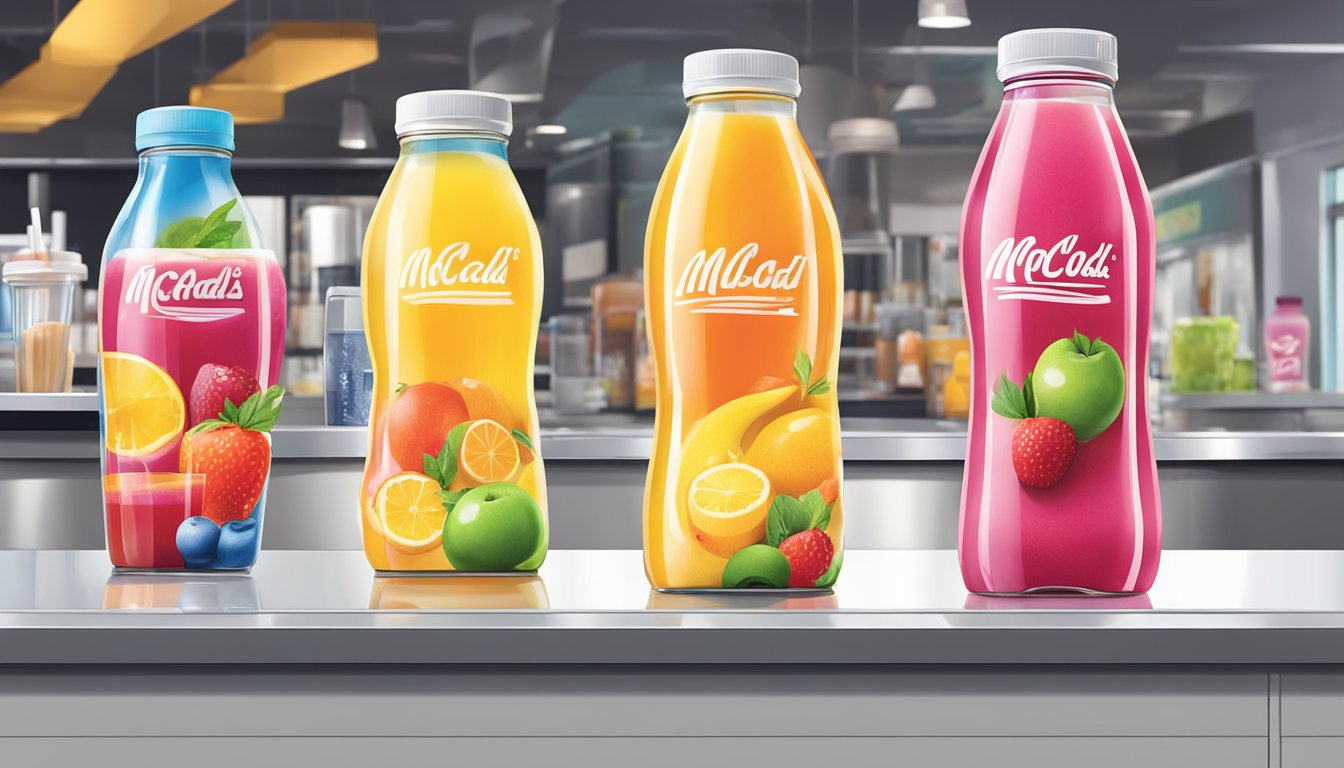 A colorful array of fresh fruit smoothies, iced tea, and bottled water displayed on a clean, modern counter at a McDonald's restaurant