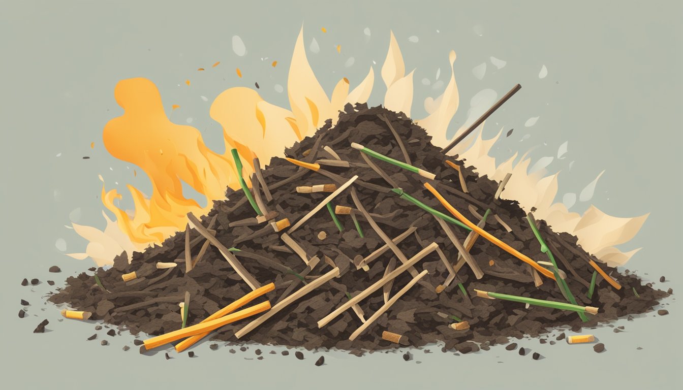 A compost pile with used matches scattered among organic waste