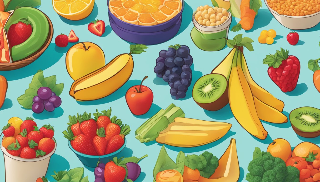 A colorful display of fresh fruits, veggies, and wholesome snacks arranged on a vibrant background, showcasing Wendy's Kids' Healthy Selections menu options