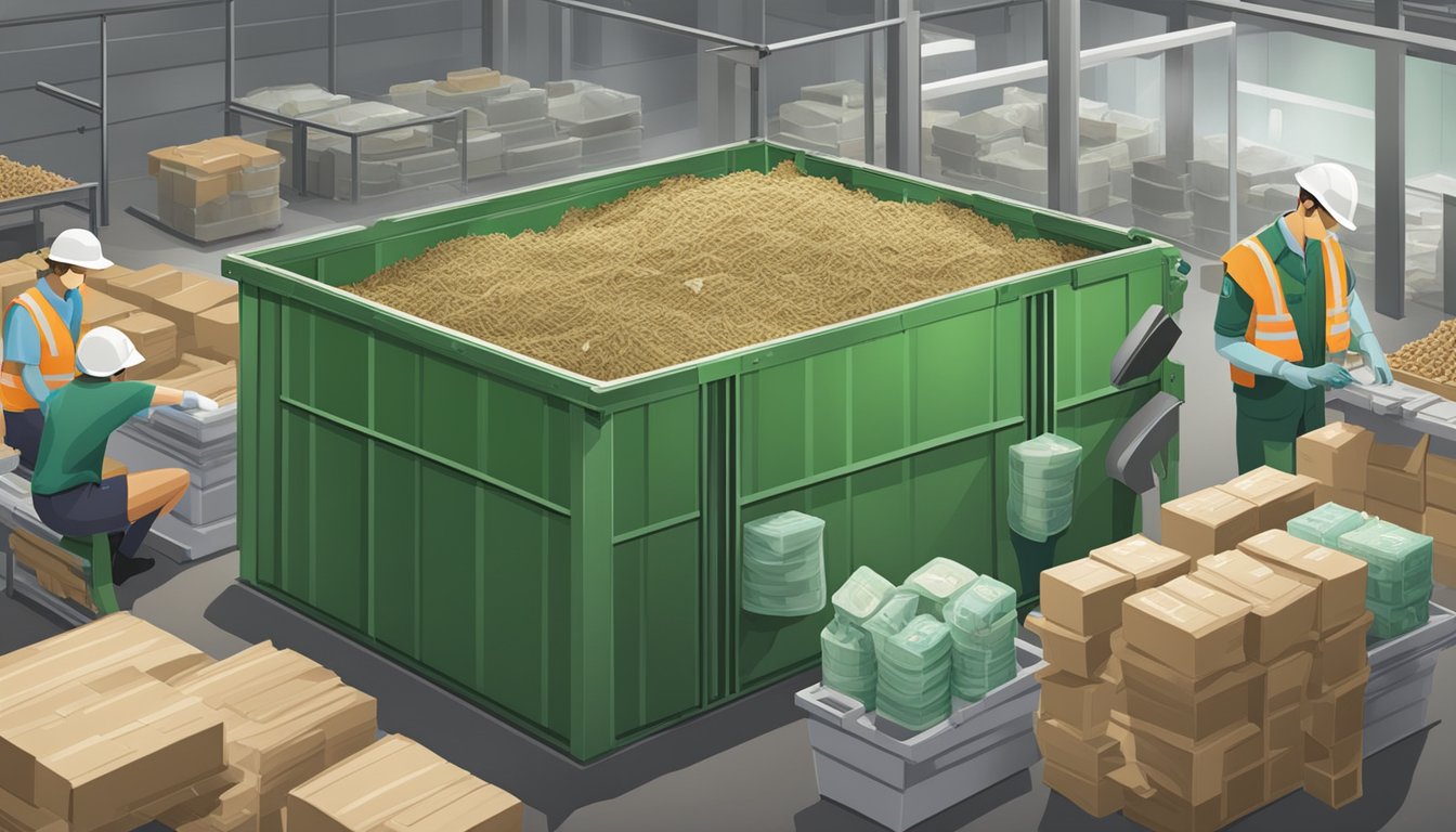 A compost bin filled with used bandages surrounded by a modern bandage production facility with workers busy at their stations