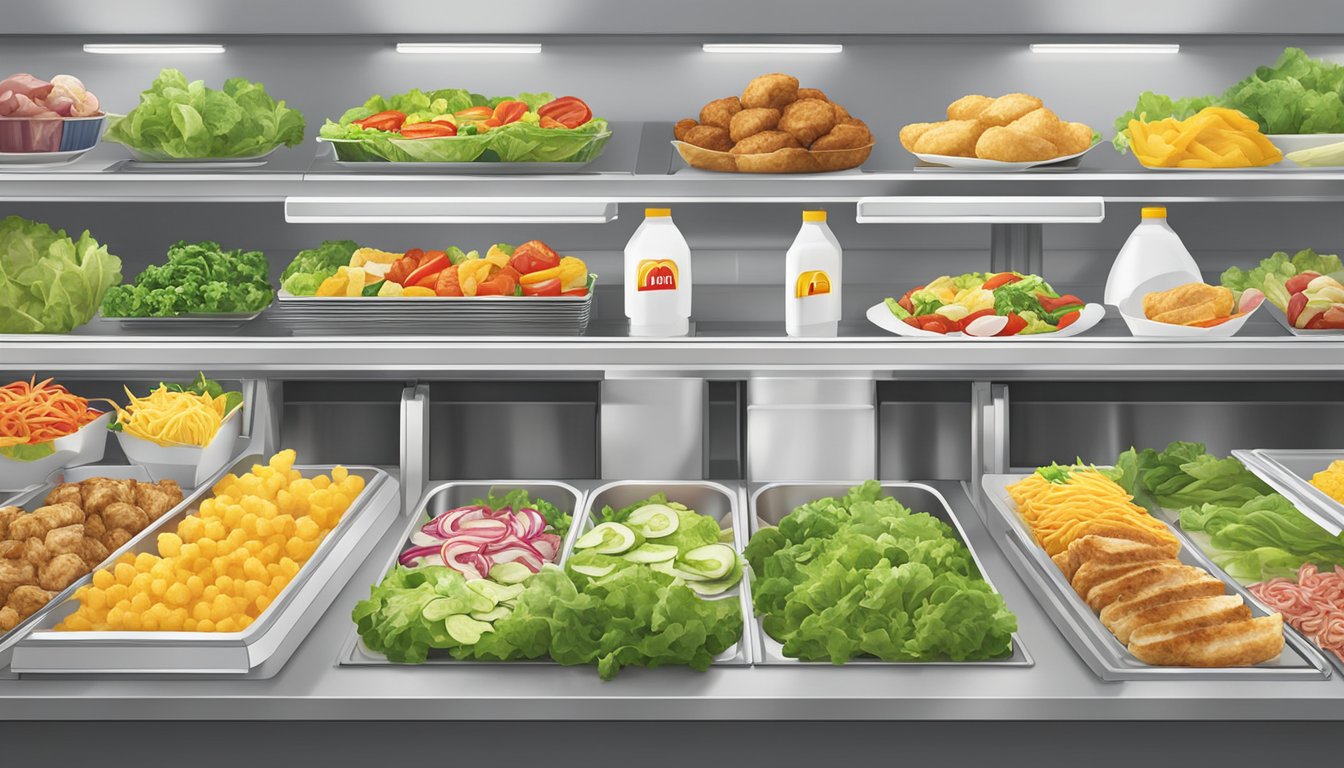 A colorful display of fresh salad ingredients and grilled chicken options at a McDonald's restaurant counter in 2023