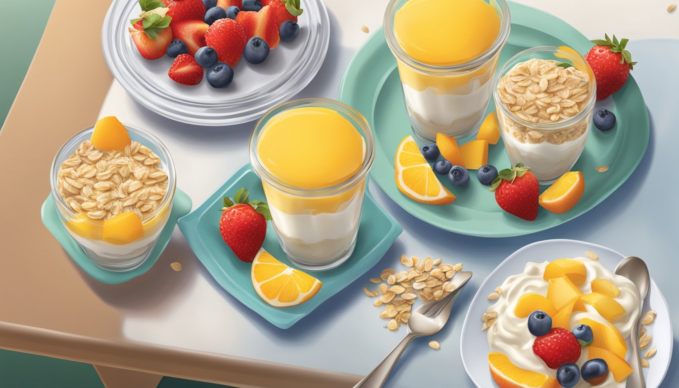 A table set with fresh fruit, yogurt parfaits, and oatmeal at Wendy's healthy breakfast menu