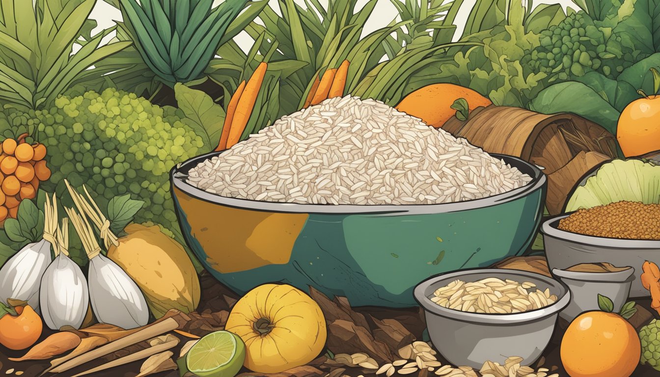 Undercooked rice being added to a compost pile, surrounded by other organic materials like fruit peels and vegetable scraps