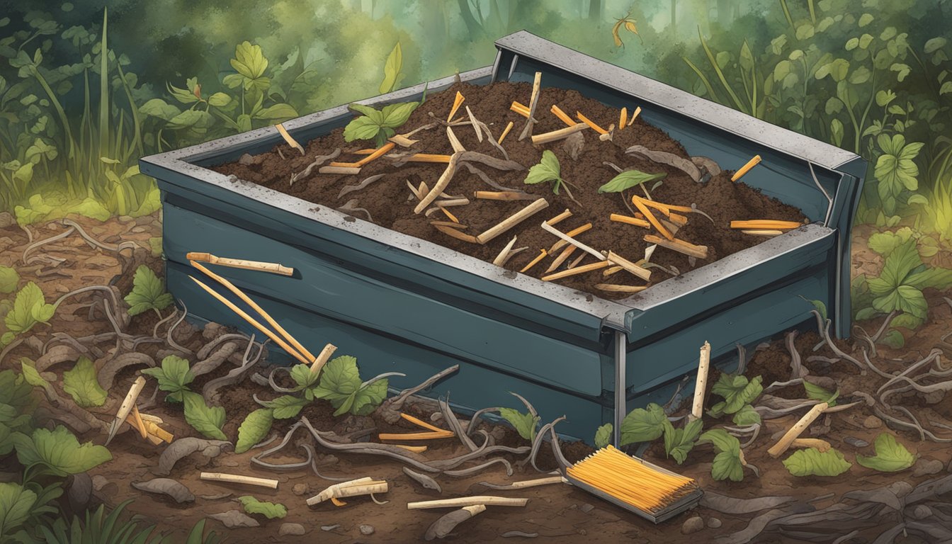 A compost bin with used matches surrounded by decaying organic matter and earthworms