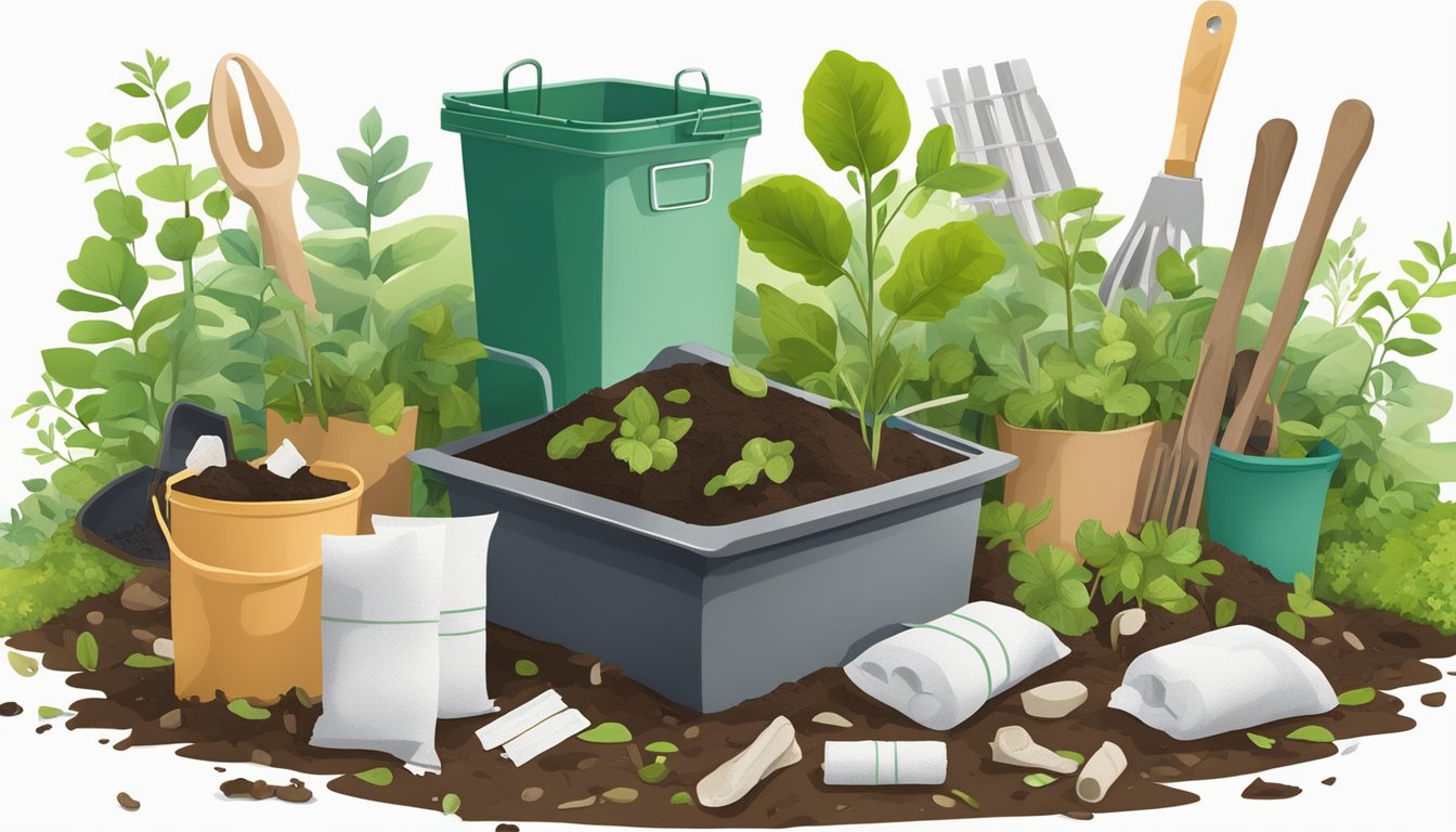 Used bandages placed in a compost bin surrounded by organic waste and gardening tools