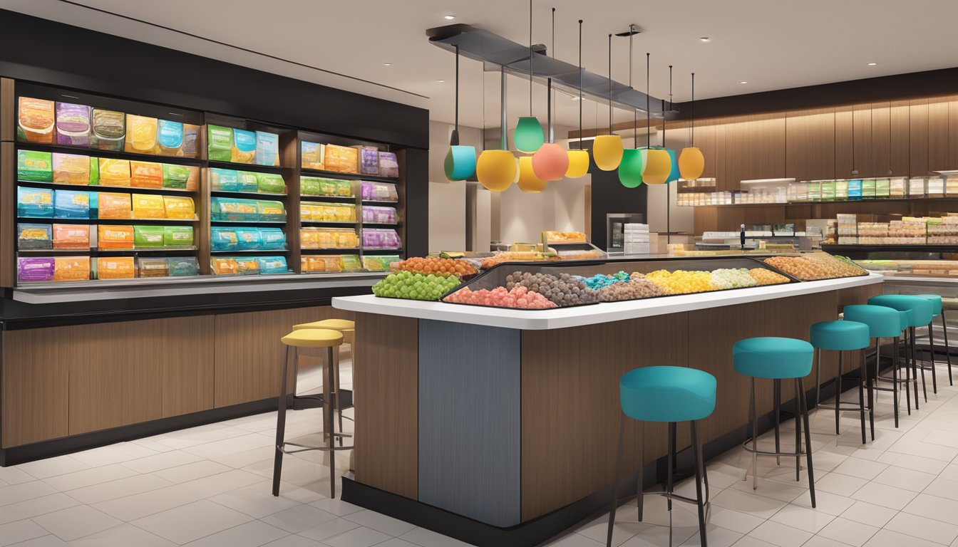 A colorful display of nutritional supplements and minerals arranged on a modern, sleek counter at a McDonald's restaurant in 2023