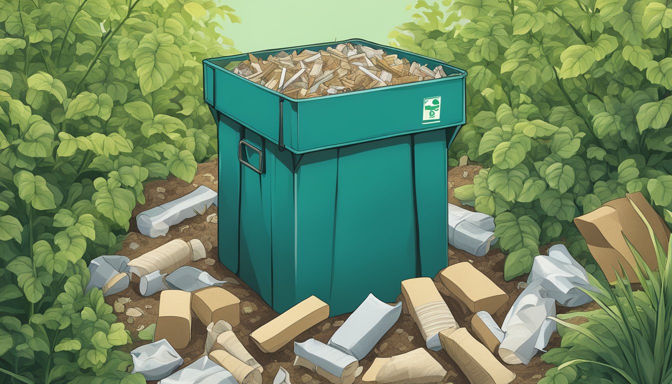 A compost bin filled with used bandages and other biodegradable waste, surrounded by green plants and a clear blue sky