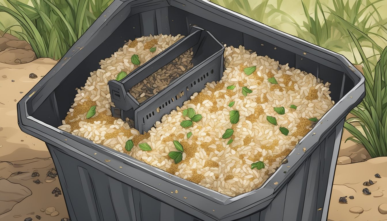 Undercooked rice in a compost bin surrounded by organic waste and decomposing matter