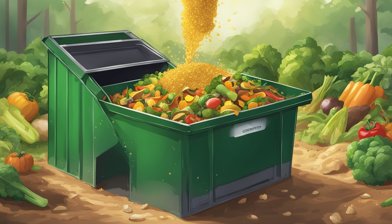 A compost bin with vegetable oil being poured onto a pile of food scraps