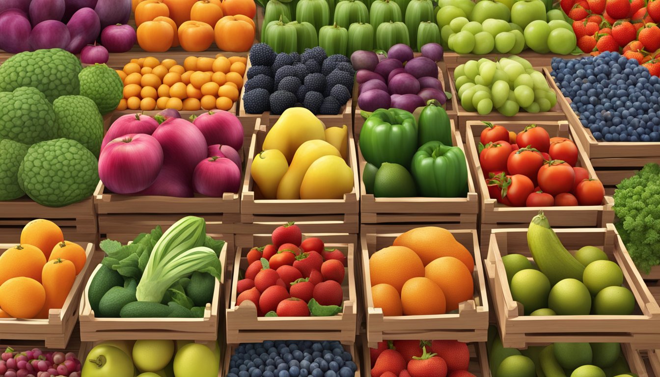 A colorful array of fresh fruits and vegetables displayed on wooden crates at a market stall