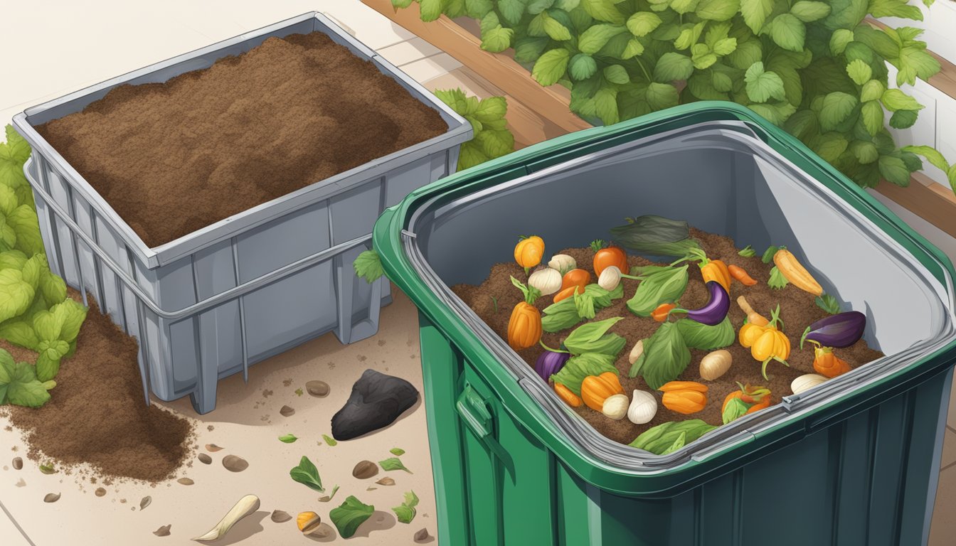 A compost bin surrounded by kitchen waste, including used vegetable oil in a sealed container