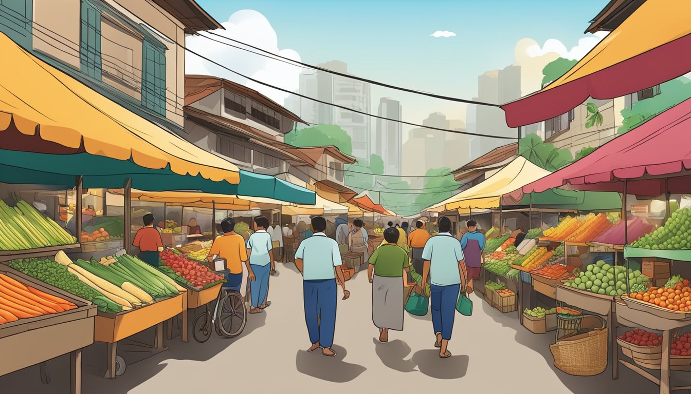 A bustling market in the Philippines, with colorful stalls offering fresh fruits, vegetables, and local healthy options. Customers easily navigate the accessible layout