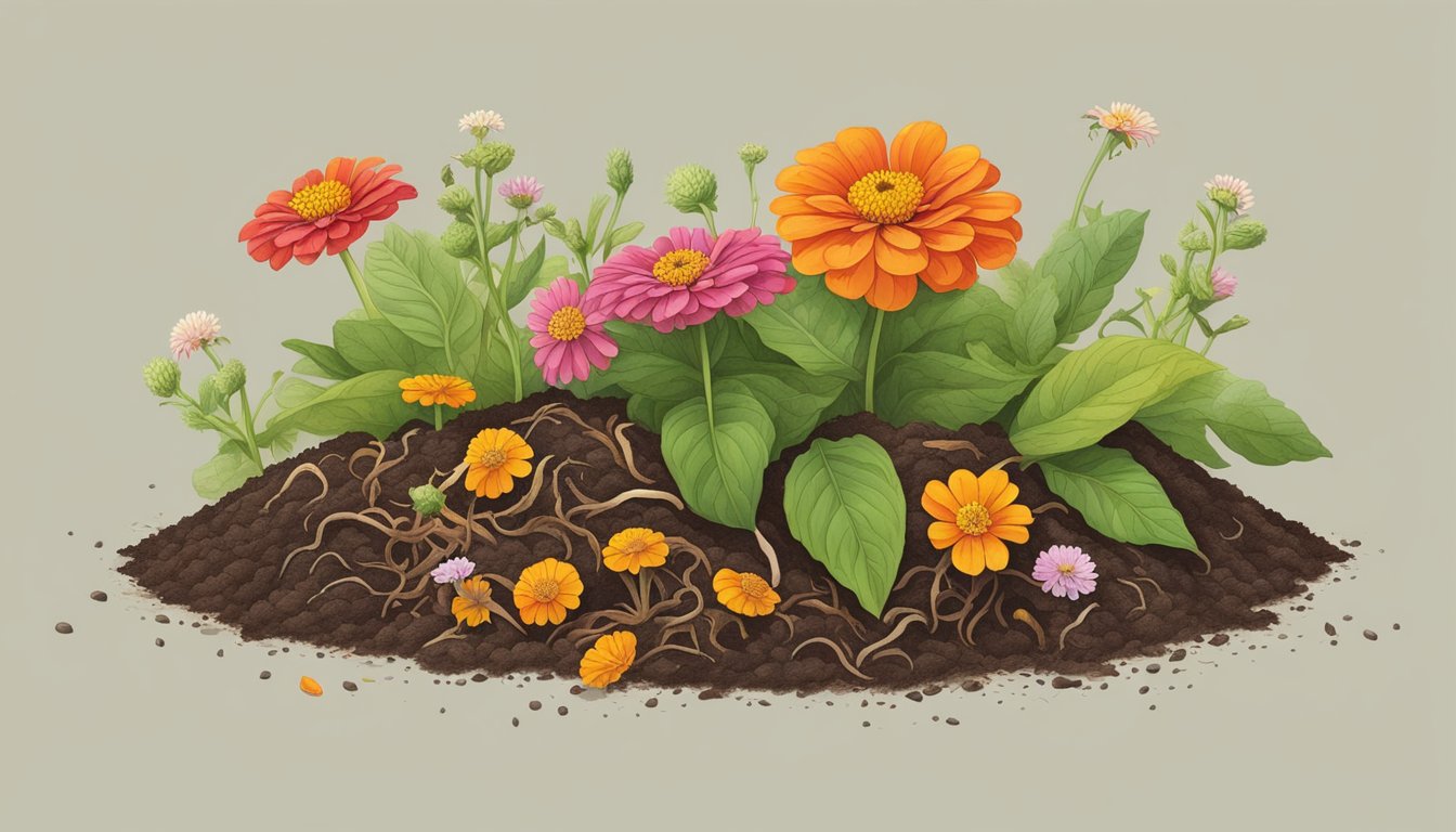 A pile of zinnia flowers and plant material arranged in layers, with earthworms and microorganisms breaking down the organic matter