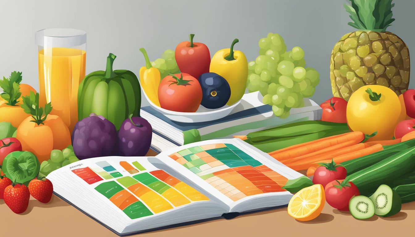 A colorful array of fresh fruits and vegetables arranged next to a stack of recipe books and nutritional charts