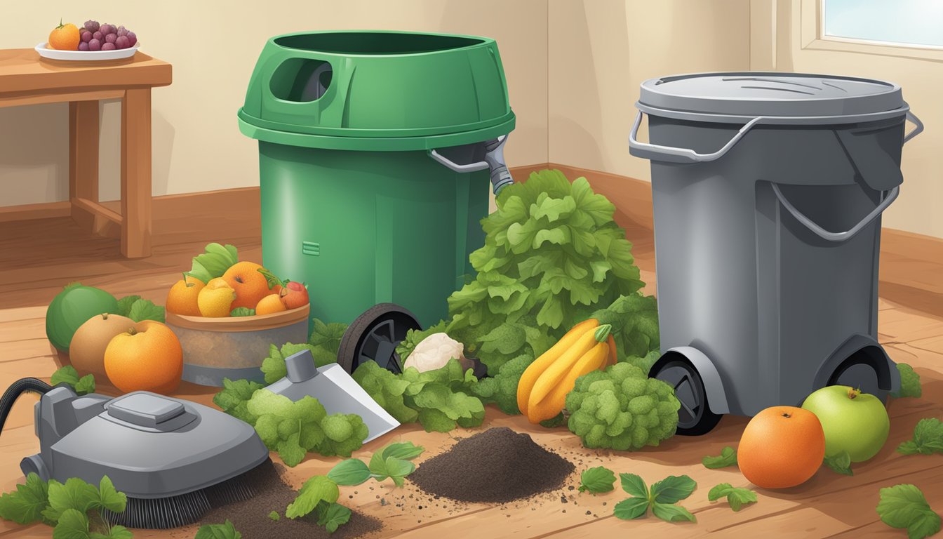 Vacuum cleaner dust being added to a compost bin alongside other organic materials like fruit and vegetable scraps