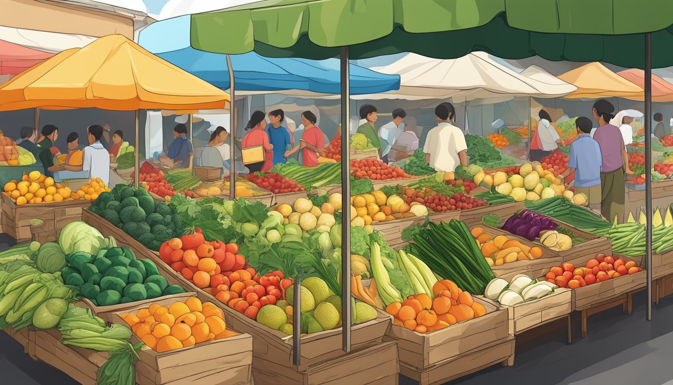 A colorful display of fresh fruits and vegetables at a bustling market in the Philippines