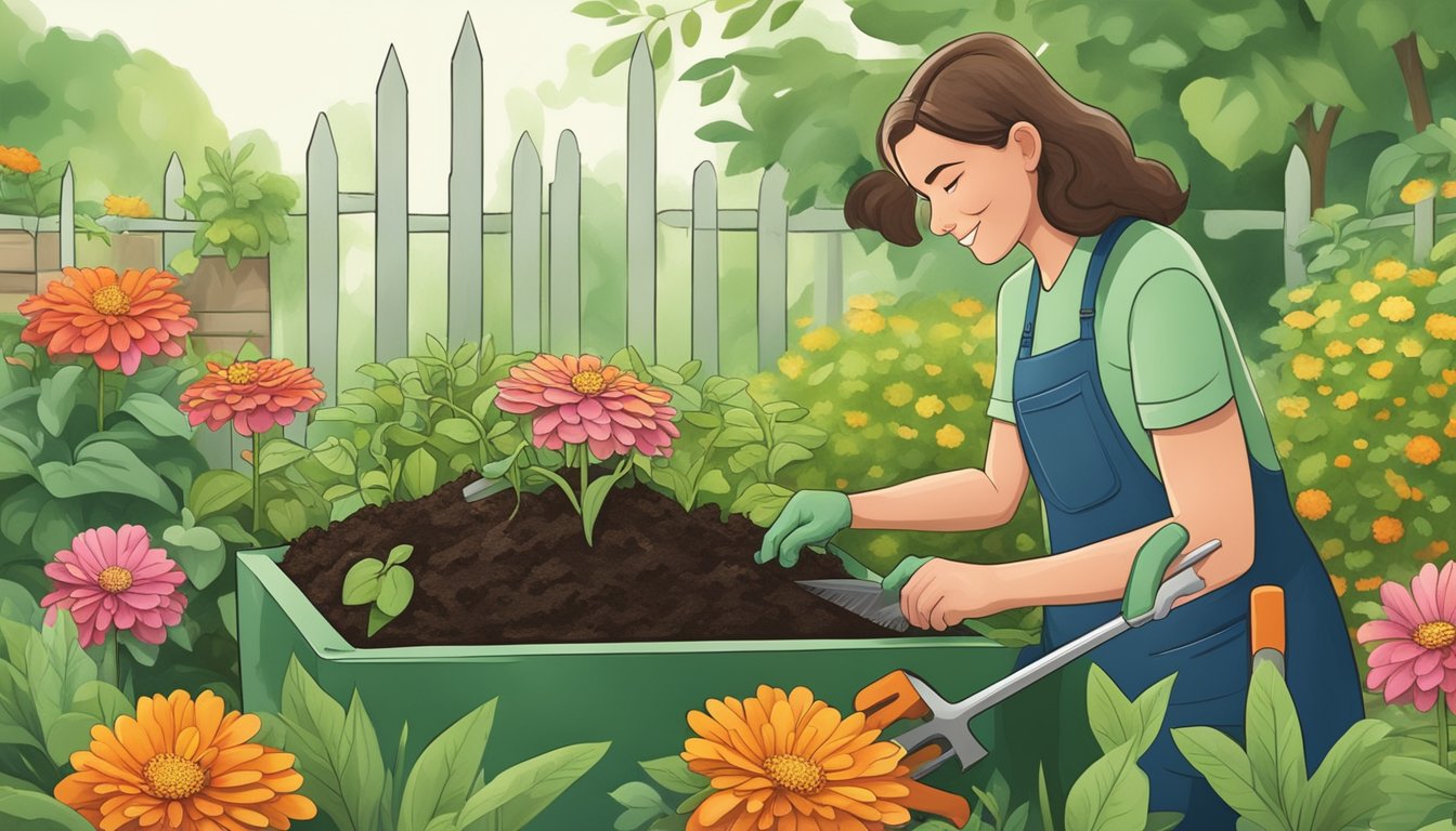 A garden enthusiast adding zinnia flowers to a compost pile, surrounded by gardening tools and a lush green garden backdrop