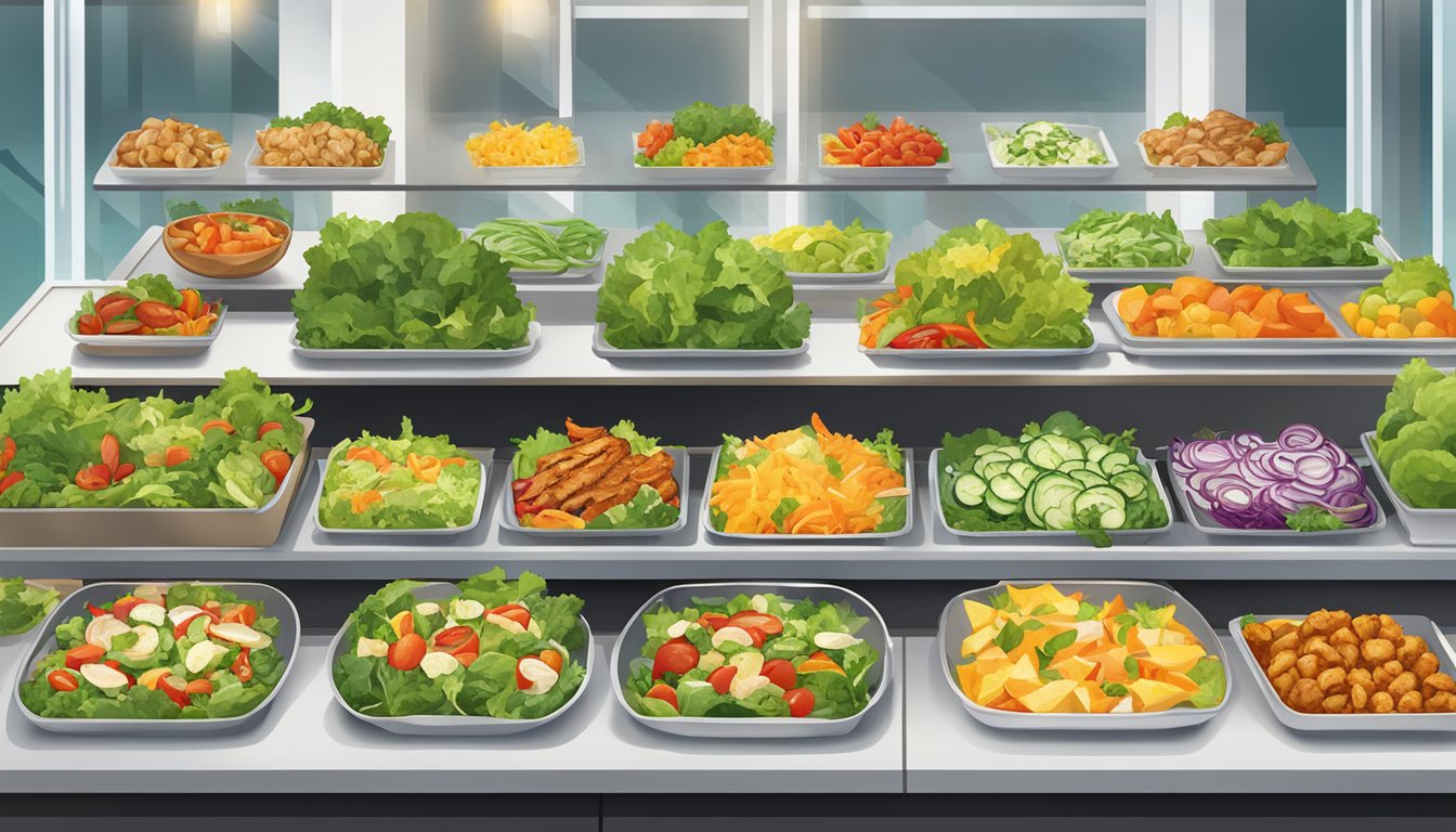 A colorful array of fresh salads, grilled chicken, and vegetable sides displayed on a clean, modern serving counter