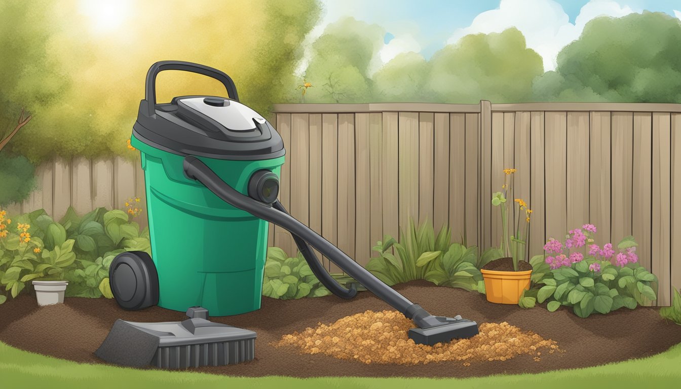 Vacuum cleaner dust being added to a compost bin alongside other organic waste in a backyard garden