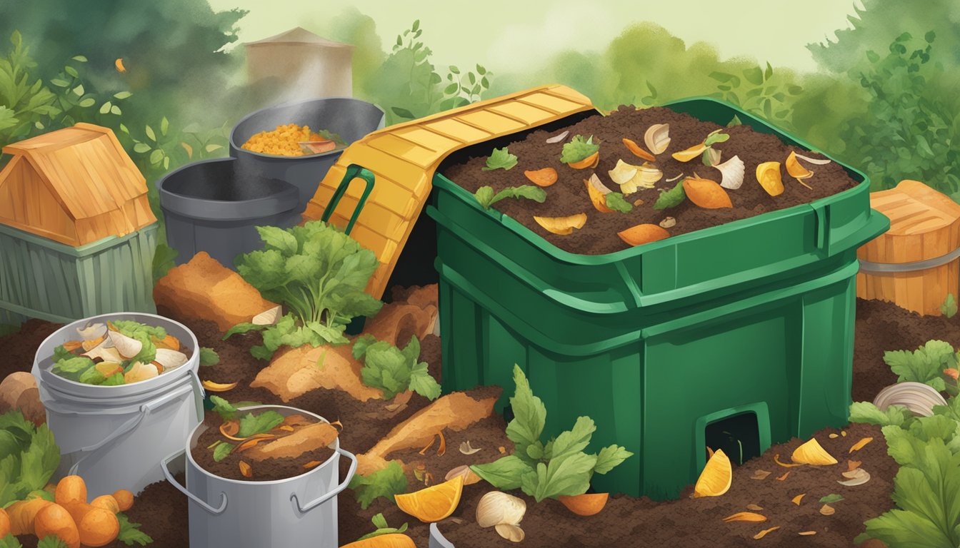 A compost bin with a mix of food scraps and used cooking oil being added to the pile