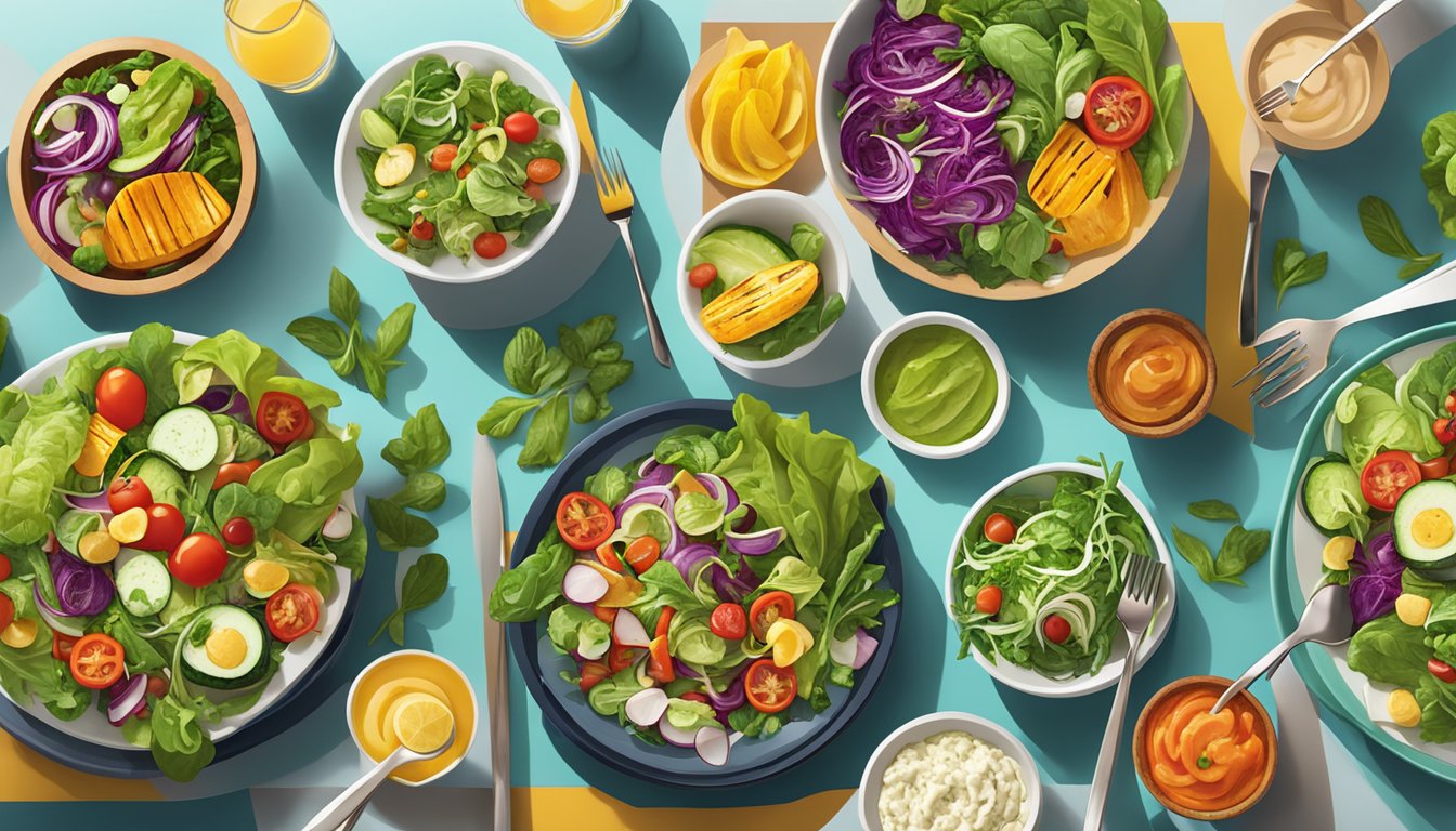 A colorful array of fresh salads, grilled vegetables, and lean protein options laid out on a clean, modern table setting