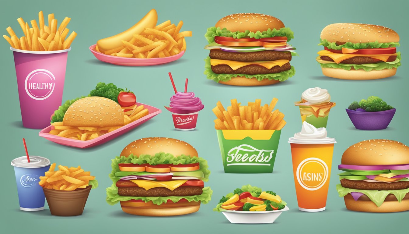 A colorful fast food menu with a variety of healthy options highlighted