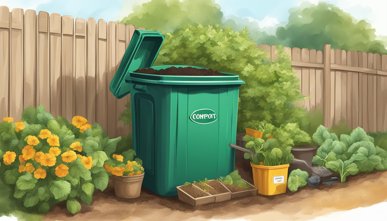 A backyard compost bin with labeled vegetable oil container nearby