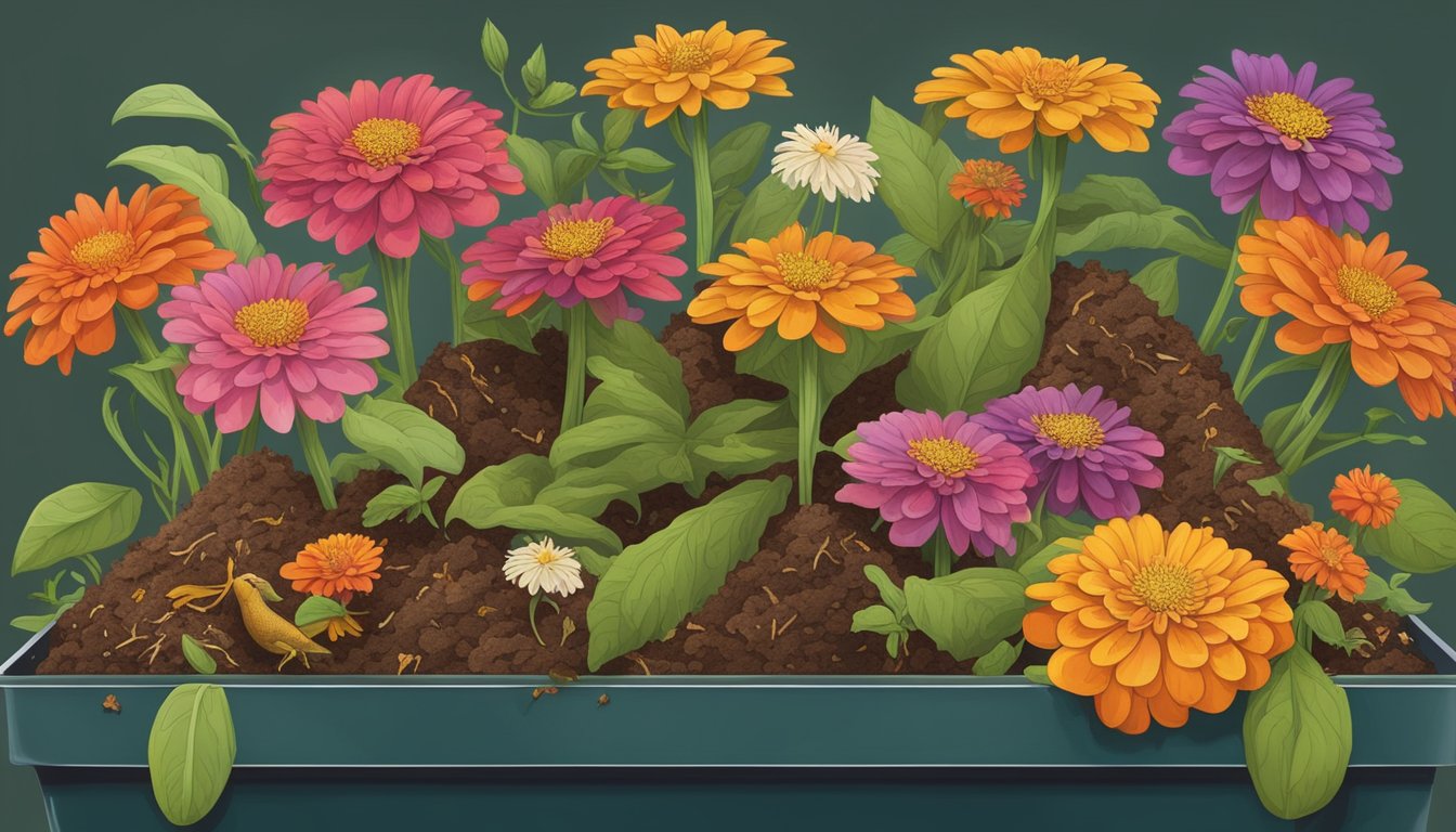 A pile of zinnia flowers and plant material arranged in a compost bin, with earthworms and other decomposers actively breaking down the organic matter