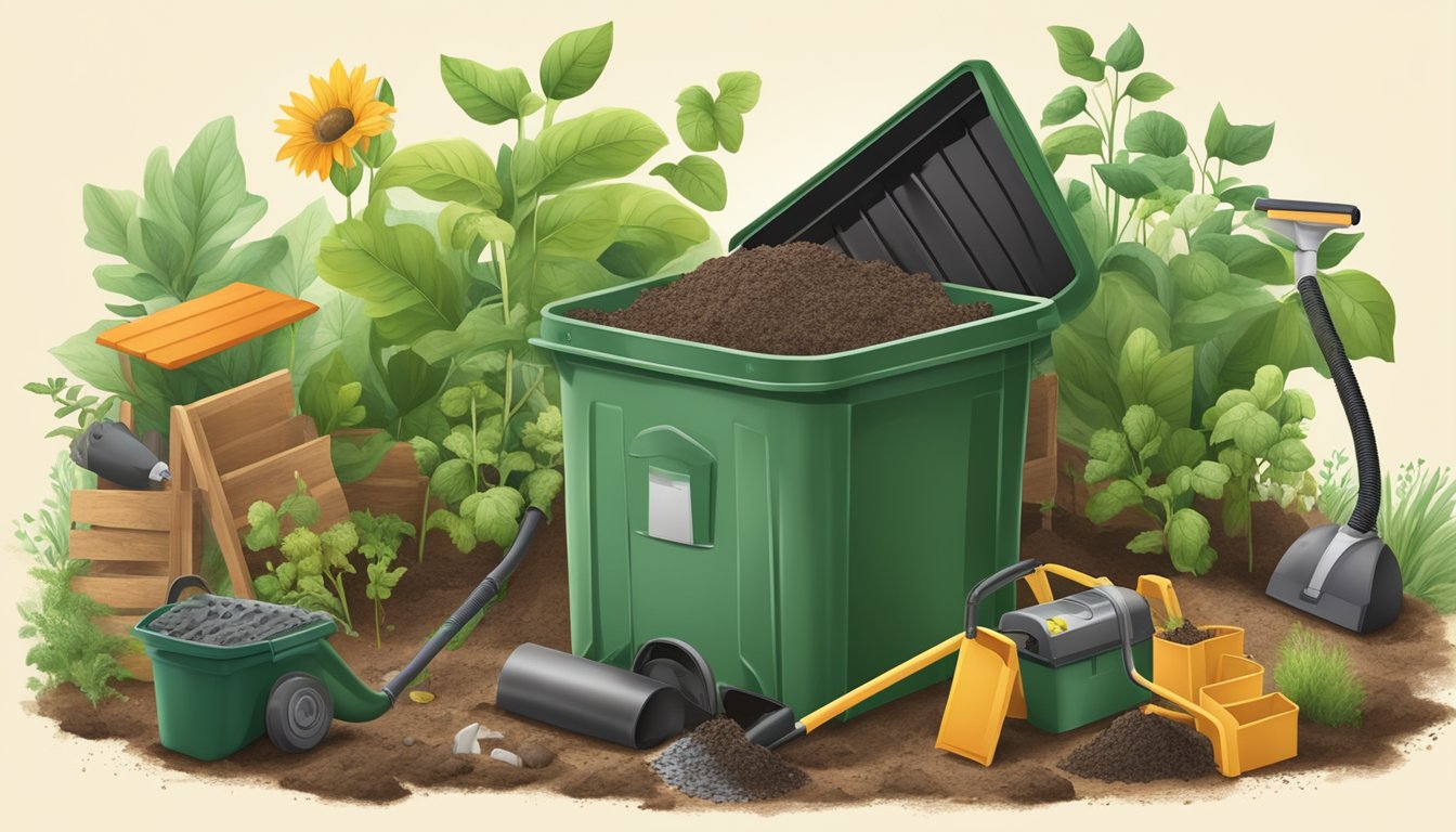 A compost bin with vacuum cleaner dust being added to it, surrounded by various organic waste and gardening tools