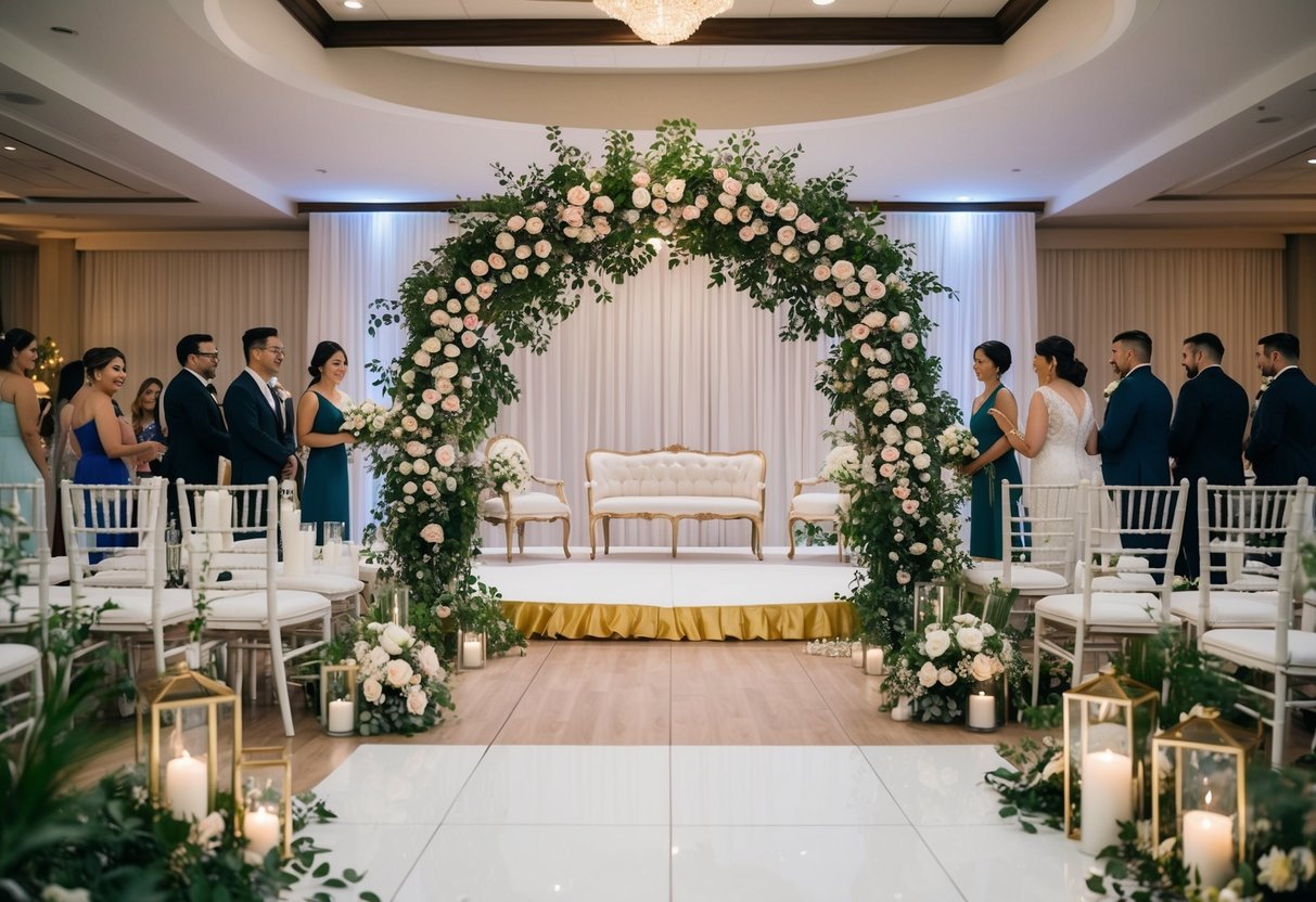 A wedding venue with floral decorations, a ceremonial arch, seating for guests, and a dance floor