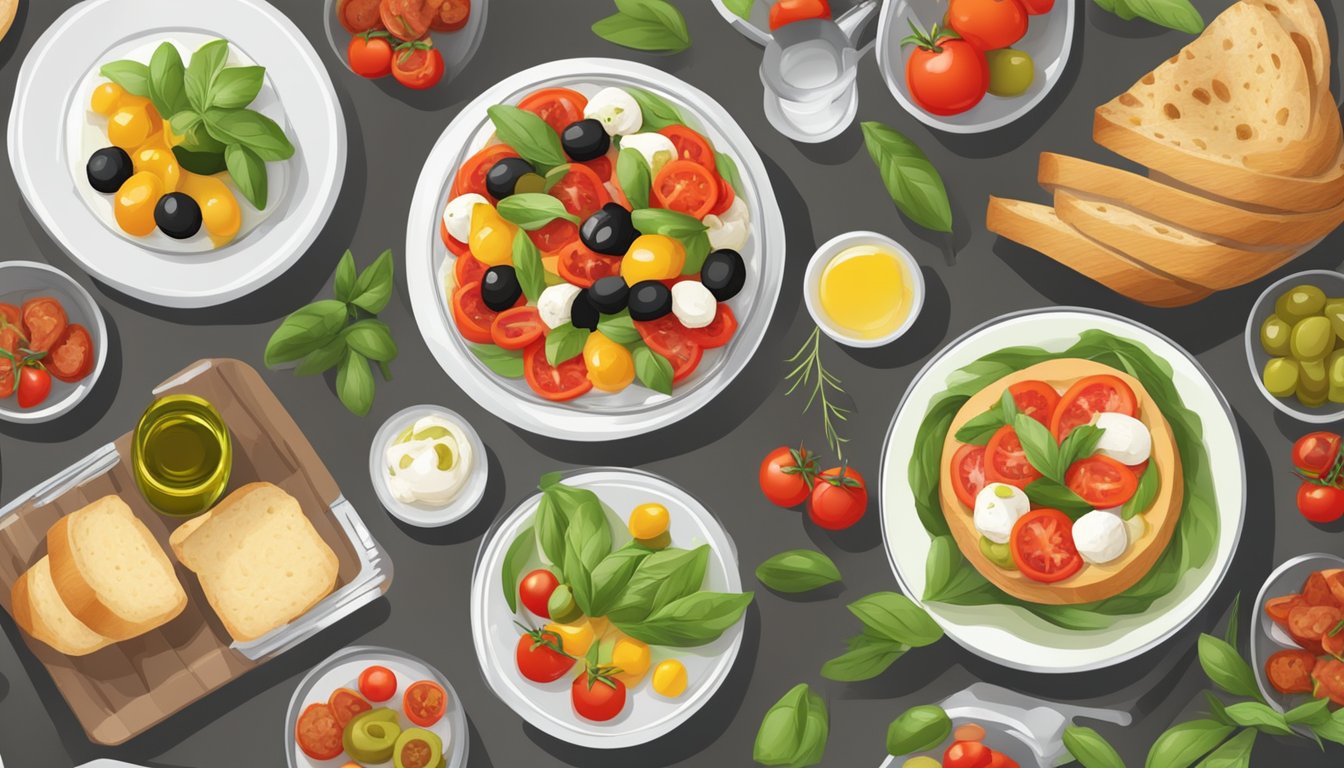 A table set with colorful vegetable antipasto, bruschetta, and caprese salad. A basket of fresh bread and olive oil on the side