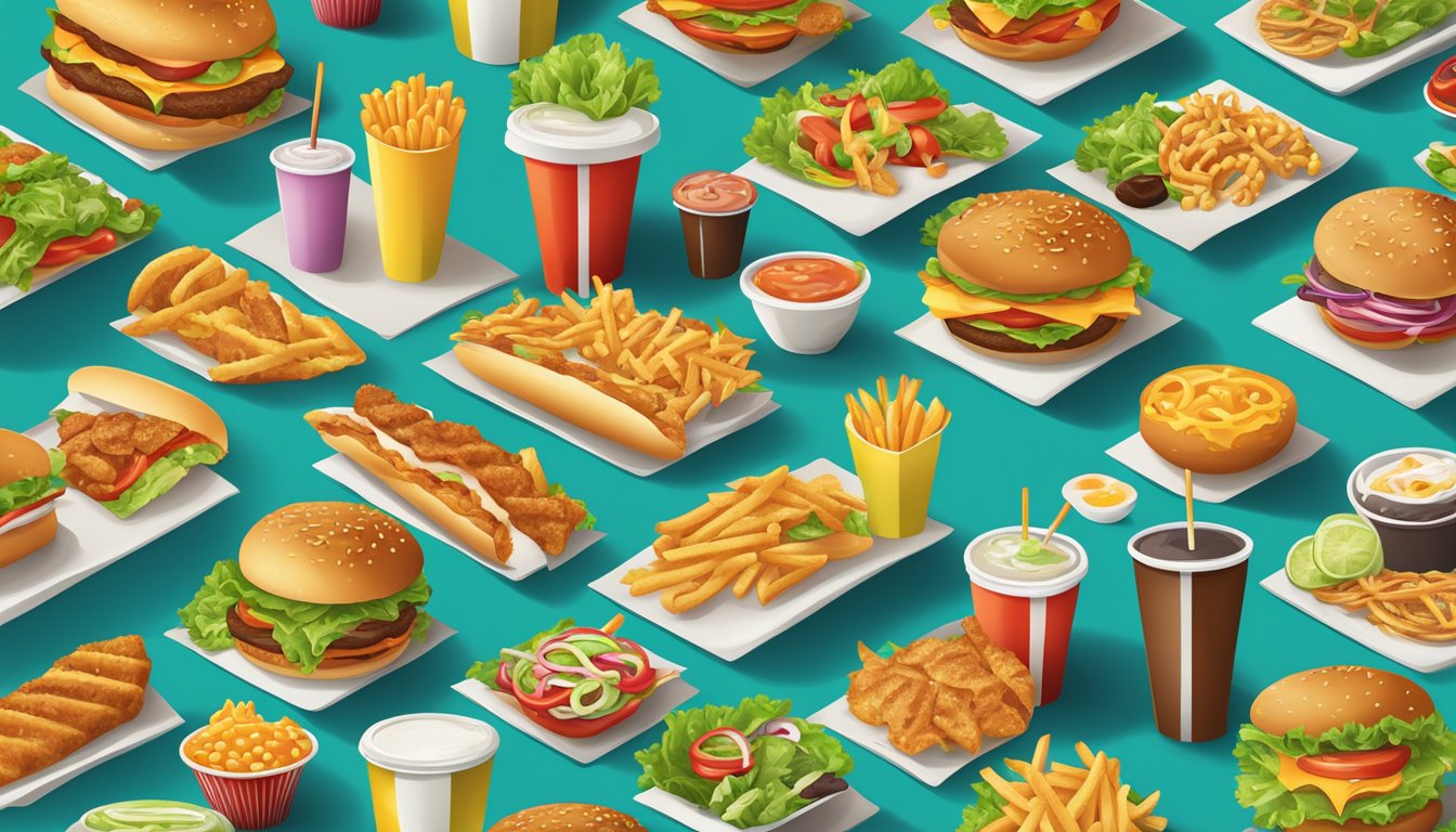 A colorful array of fast food items, with fresh salads and grilled options, set against greasy and fried alternatives