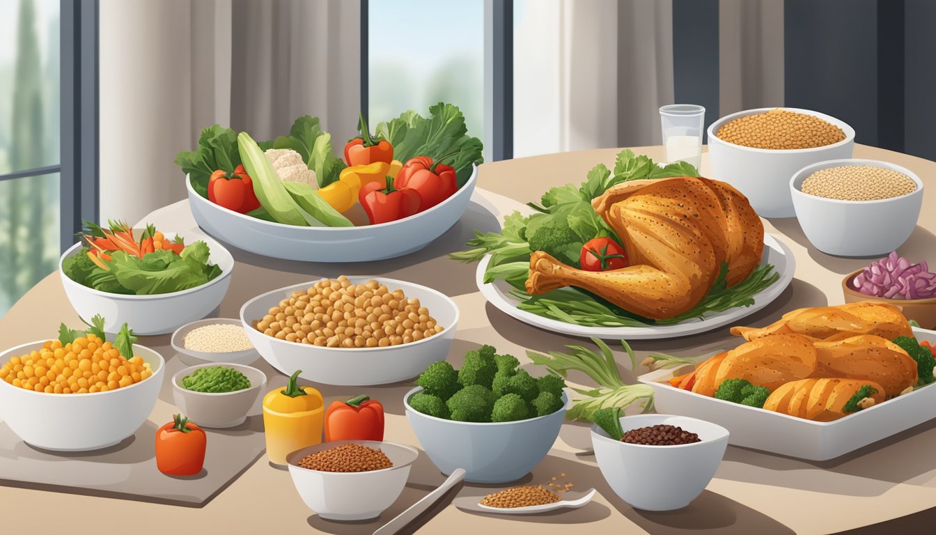 A colorful display of fresh vegetables, grilled chicken, and whole grains arranged on a clean, modern table