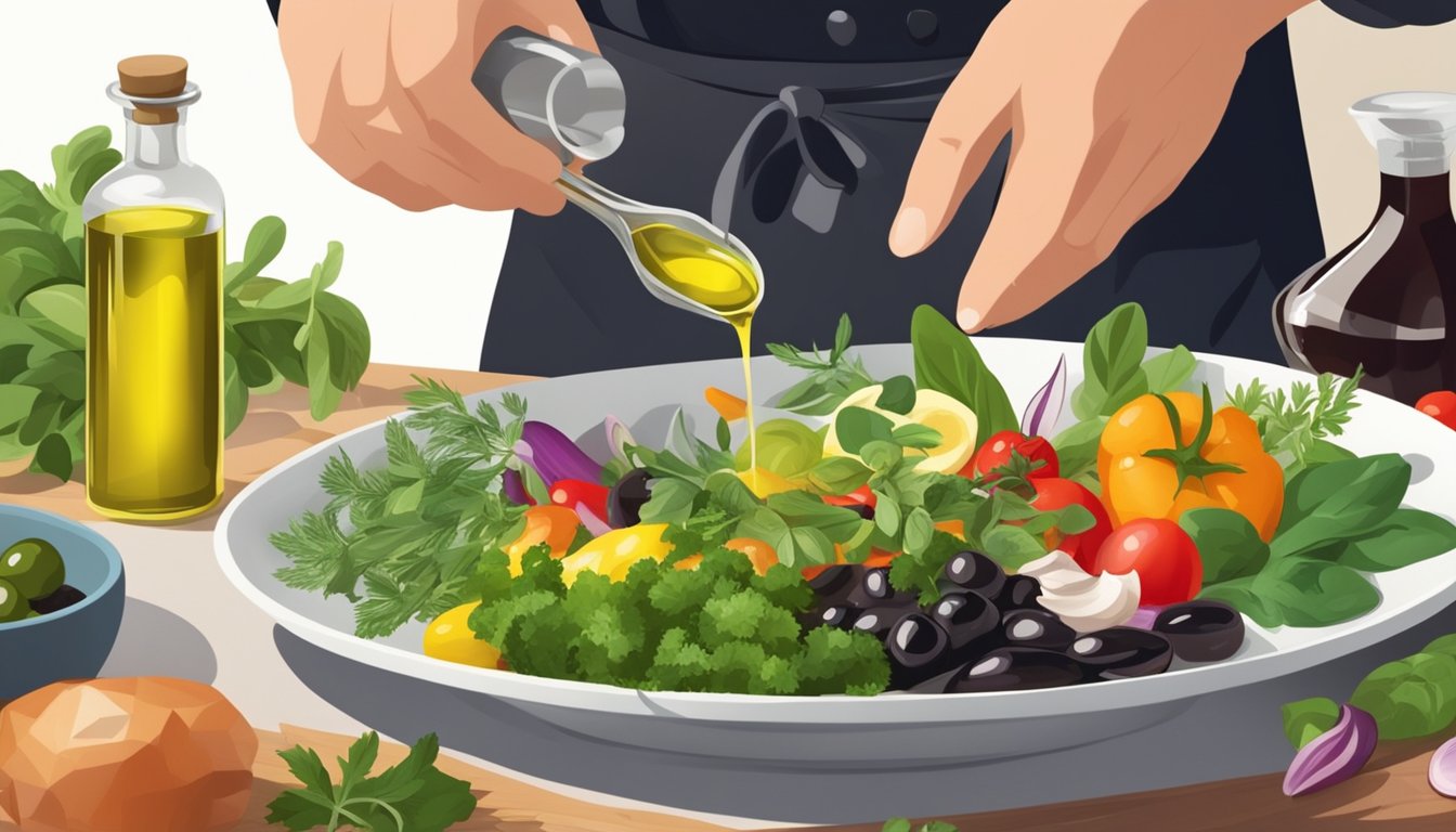 A chef pouring olive oil and balsamic vinegar into a small dish, surrounded by fresh herbs and colorful vegetables