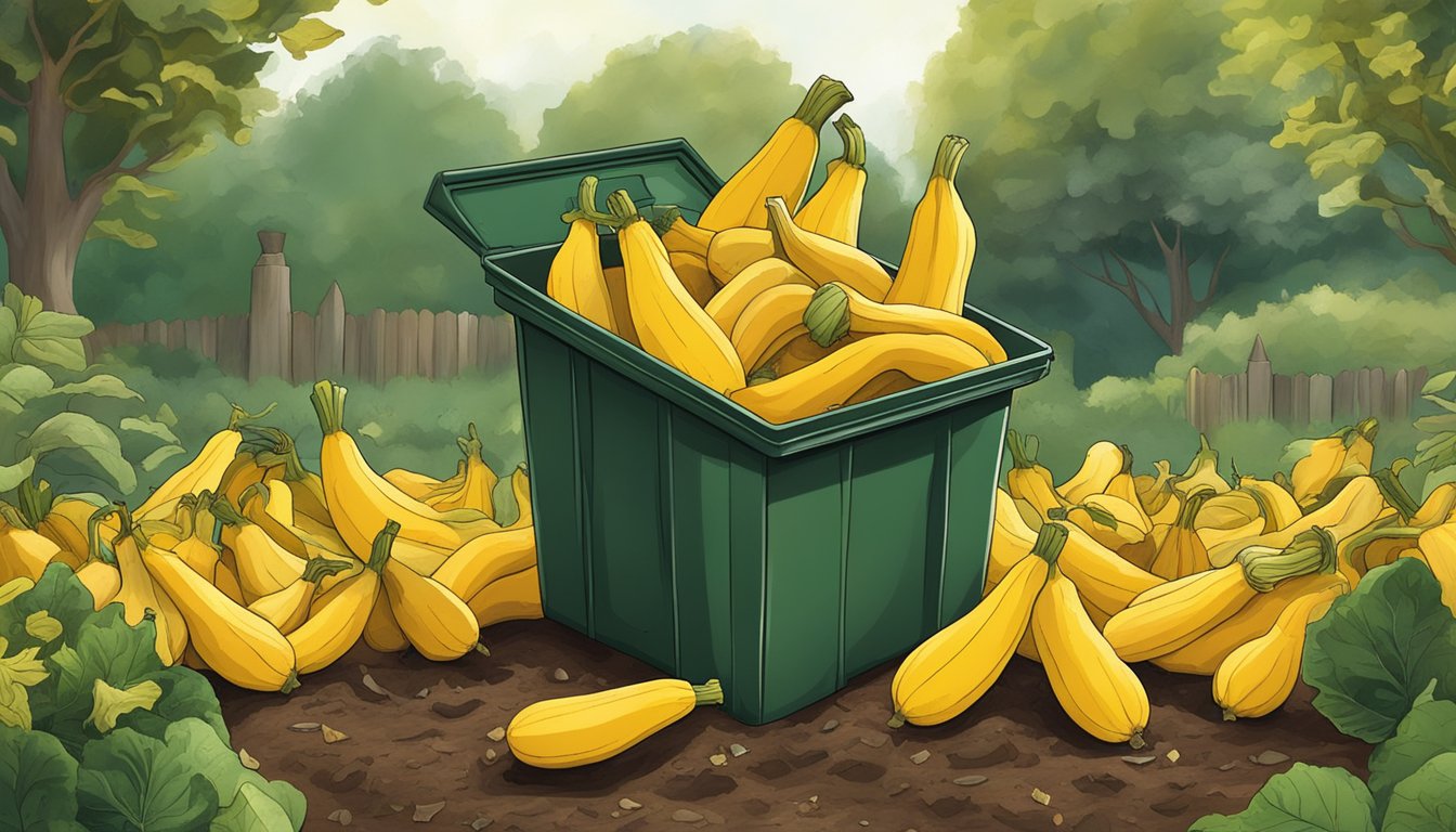 Yellow squash skins being tossed into a compost bin surrounded by other organic waste, with a garden backdrop