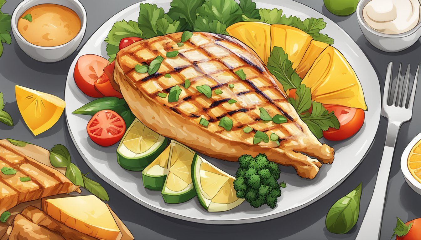 A plate with grilled chicken breast, fish, and tofu alongside fresh vegetables and fruits