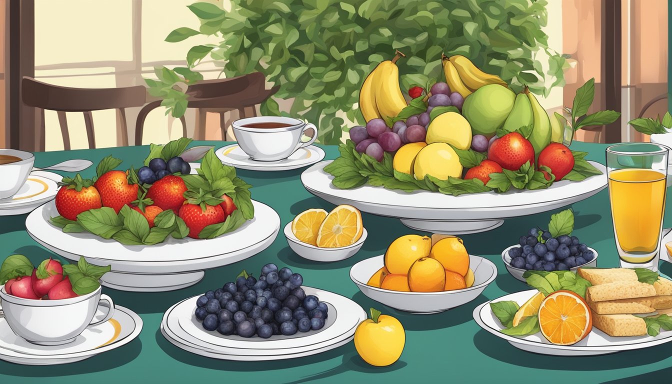 A table set with colorful fruit platters, fresh salads, and herbal teas at an Italian restaurant