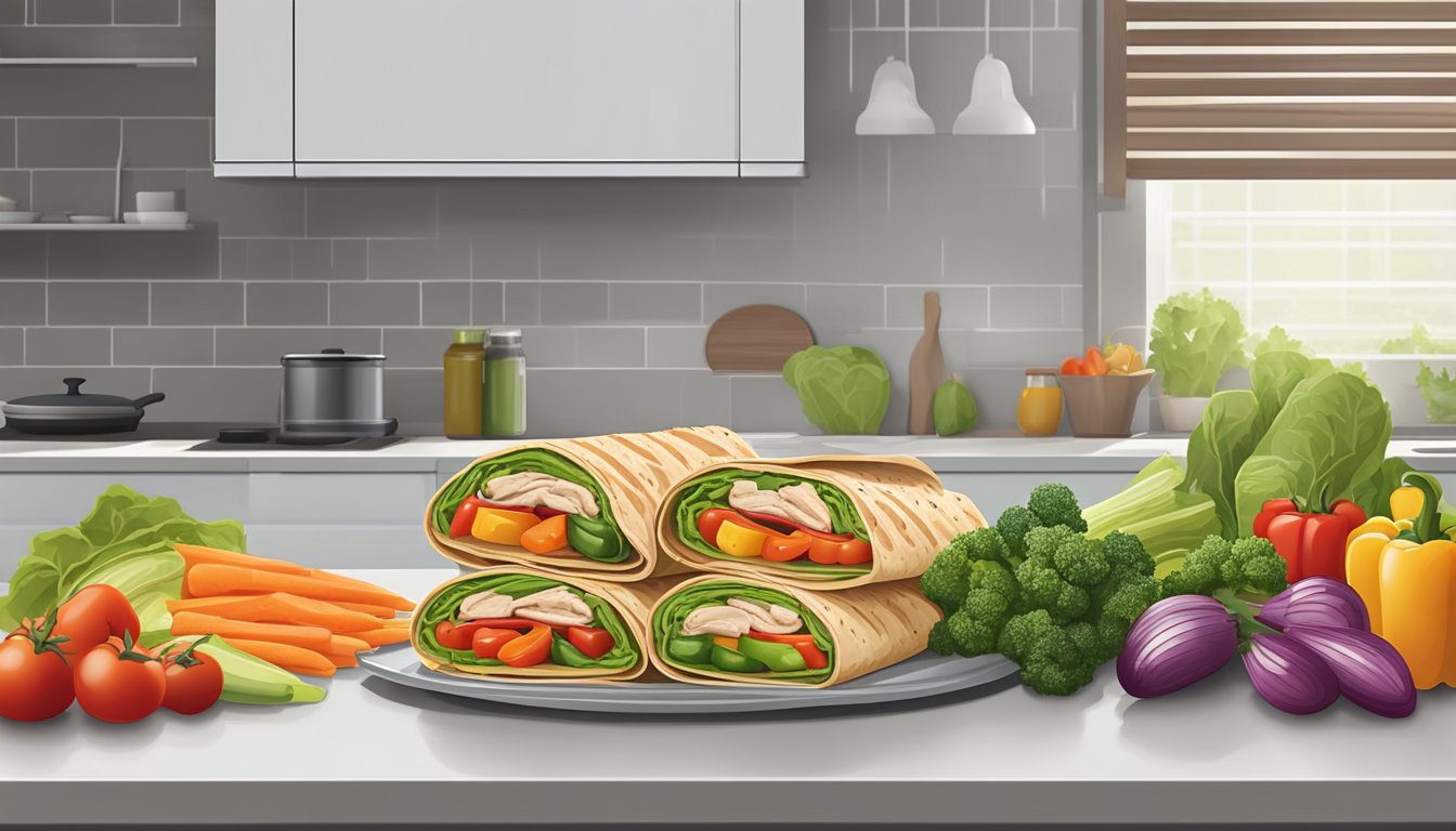 A colorful display of fresh vegetables, grilled chicken, and whole wheat wraps on a clean, modern countertop