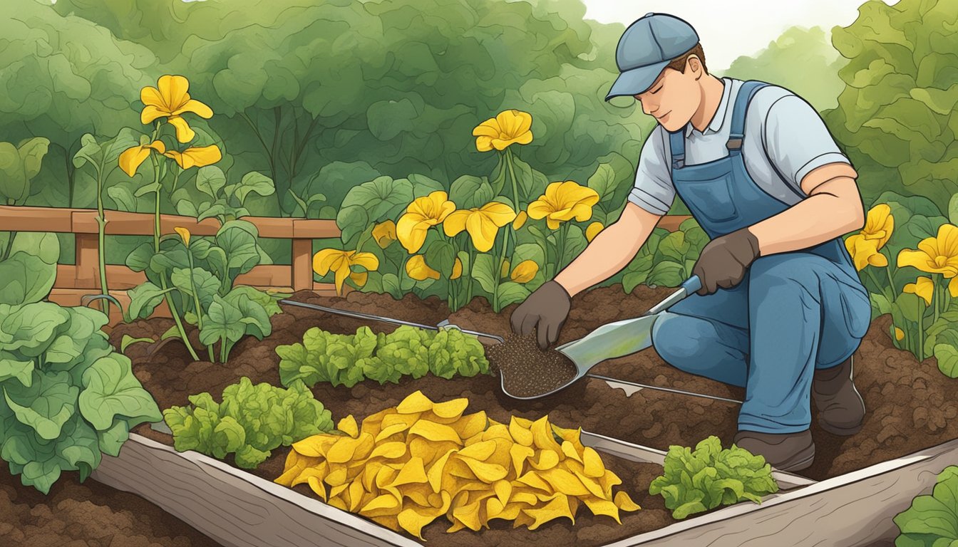 A gardener sprinkles compost onto a thriving garden bed, including yellow squash skins among the organic material